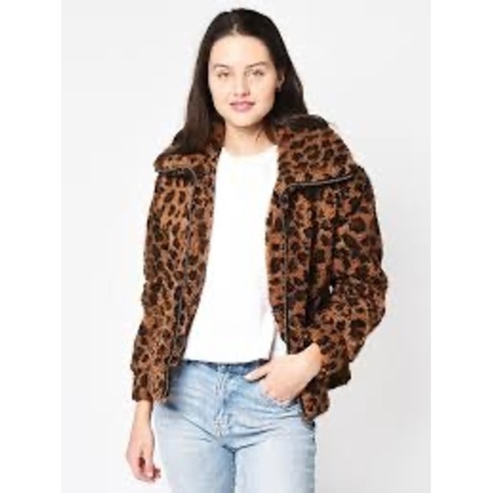 BB Dakota Leopard Print Faux Fur Cozy Zip Up Jacket XS - Picture 2 of 7